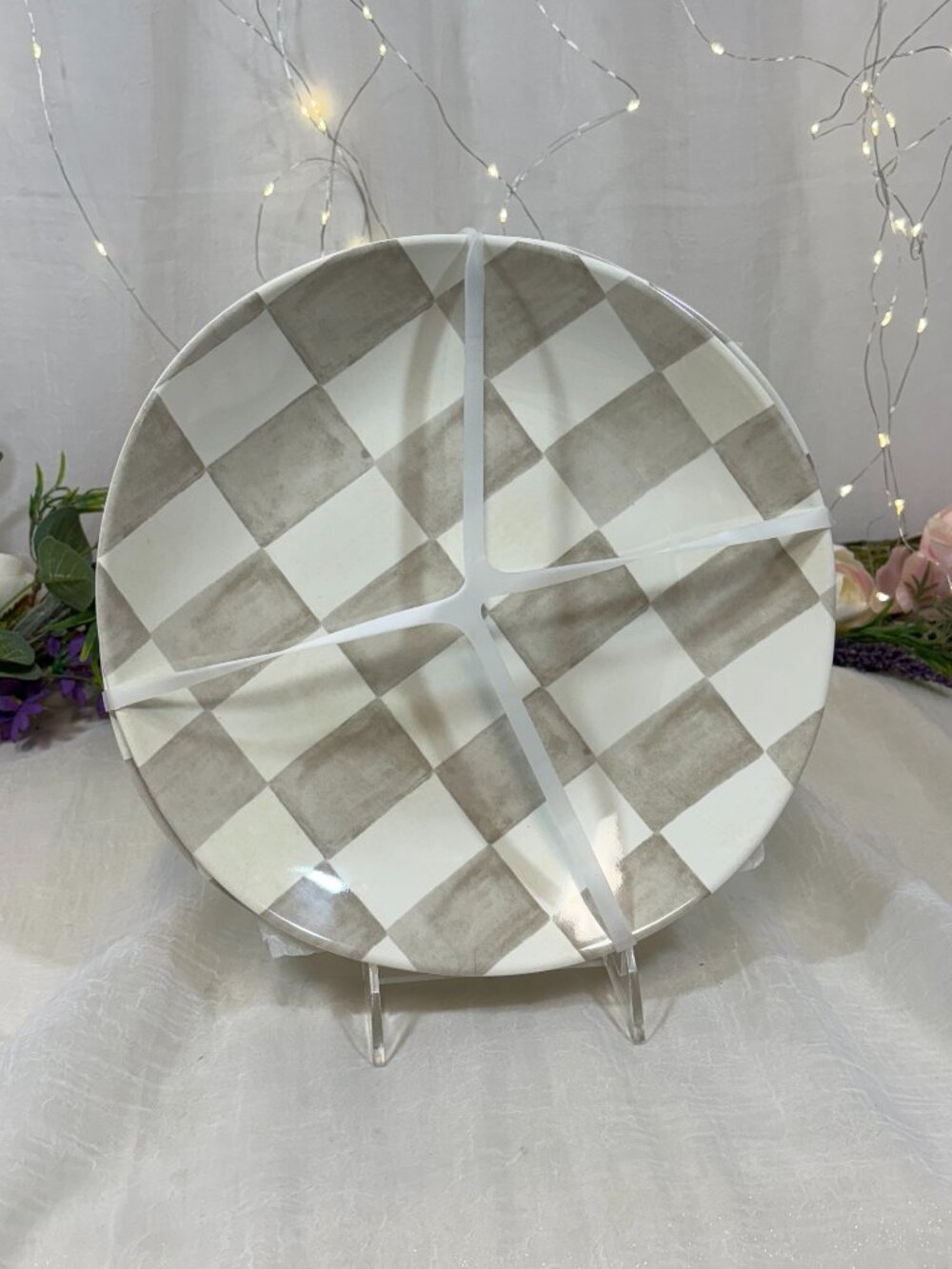 Set 4 Checkered Brown Tan Melamine 11" Dinner Plates Plate Shiny Finish Serving